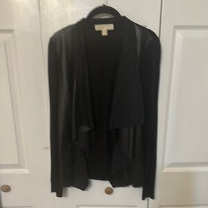 Leather and suede Black Blazer with Waterfall Front and Long Sleeves